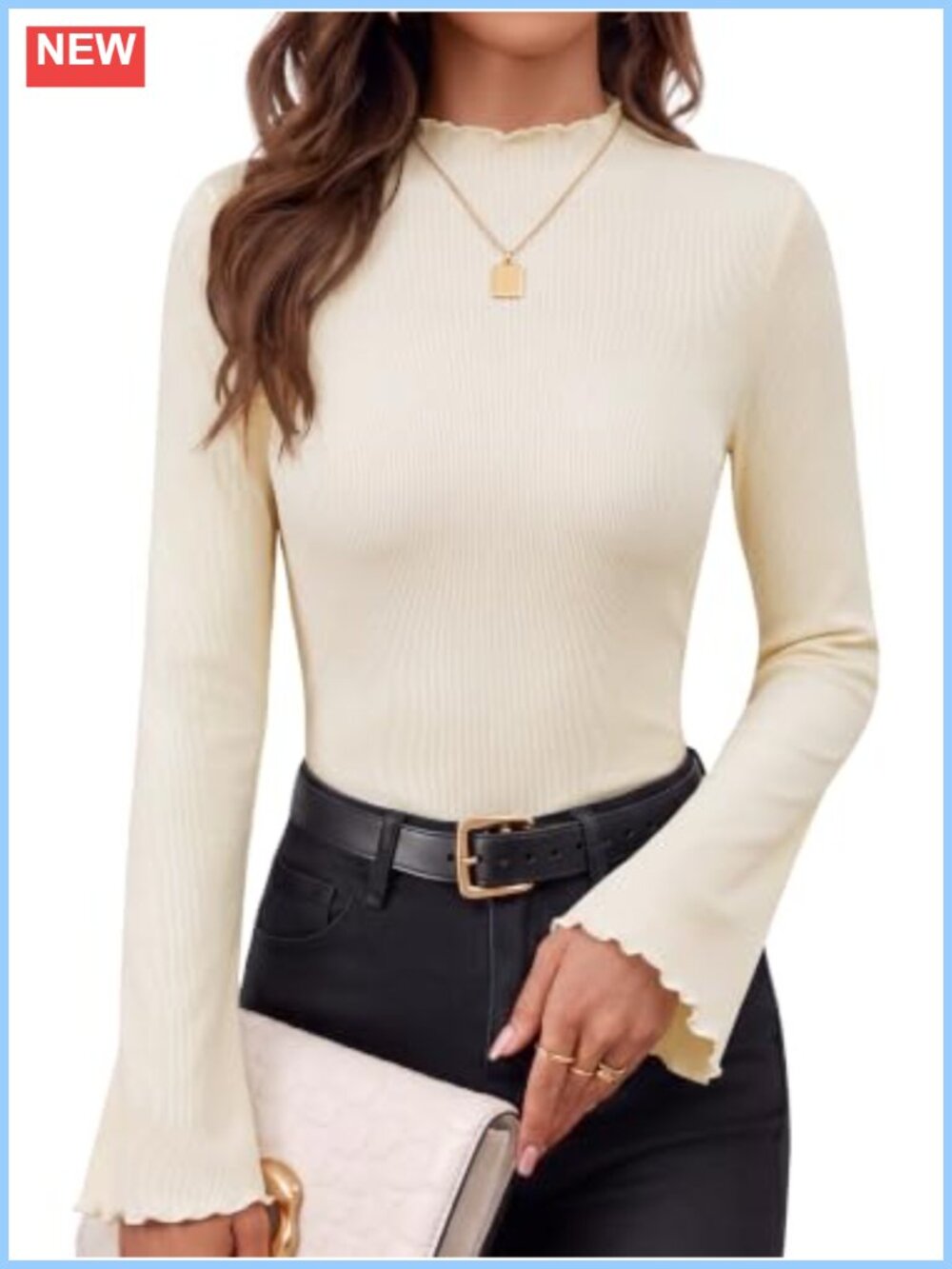 Ribbed Knit Mock Neck Bell Sleeve Top